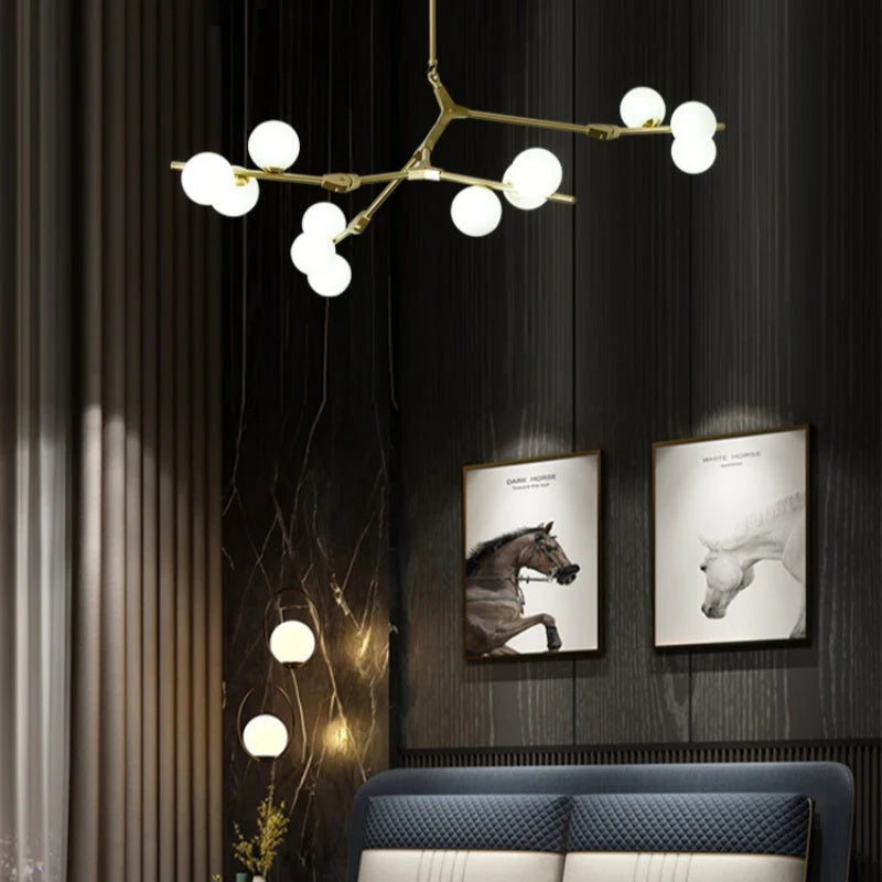 Ramure Lustre Branches à Globes Lumineux – Or, 12 têtes