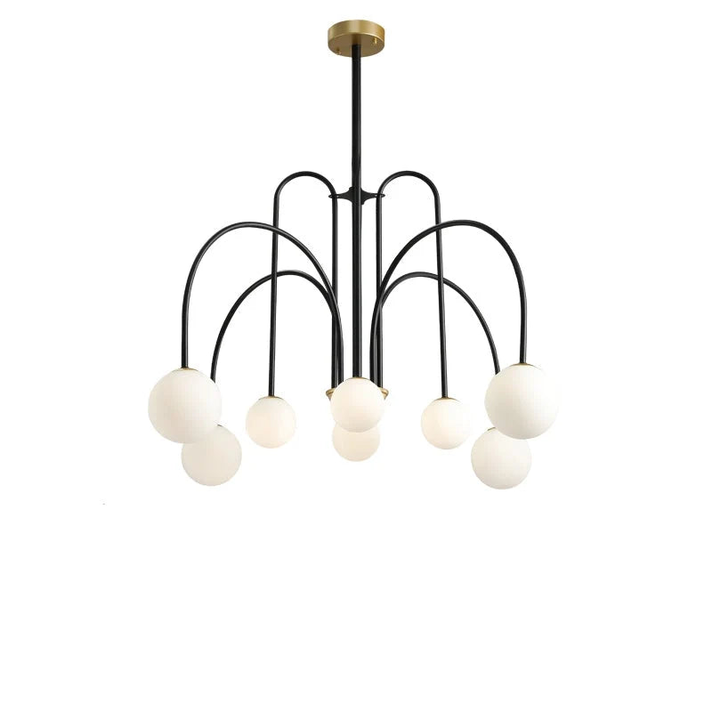 Arcadie Lustre à Bras en Arc – version noire et ses globes blancs sur fond blanc