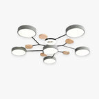 Orbes Plafonnier LED en Métal – plafonnier à six disques LED gris et bois sur fond blanc