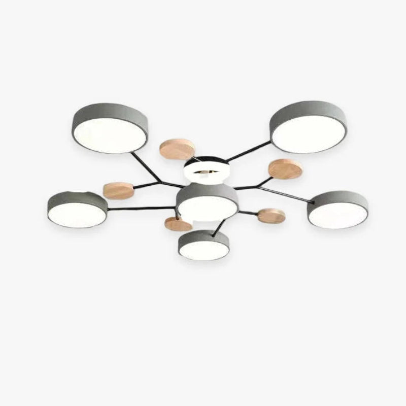 Orbes Plafonnier LED en Métal – plafonnier à six disques LED gris et bois sur fond blanc