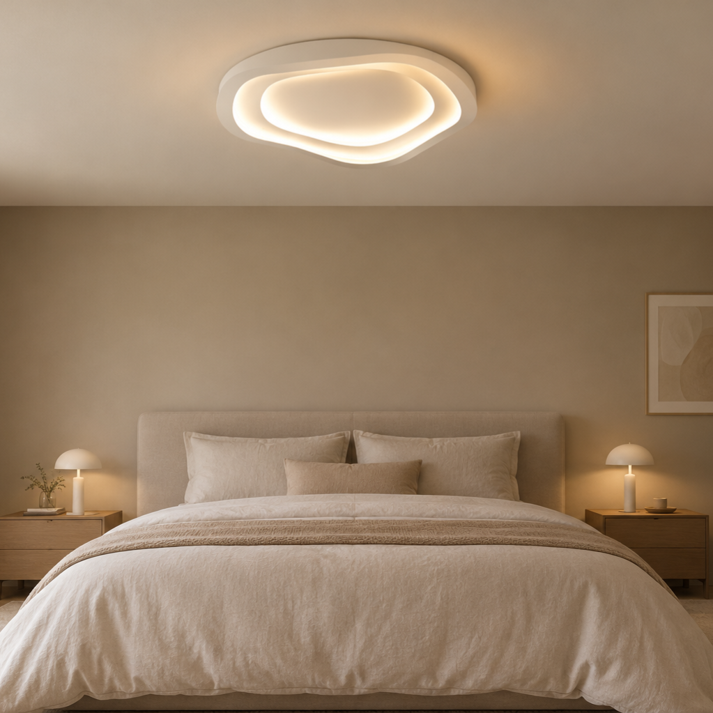 Récif Plafonnier LED Galet – dans une chambre beige avec lit