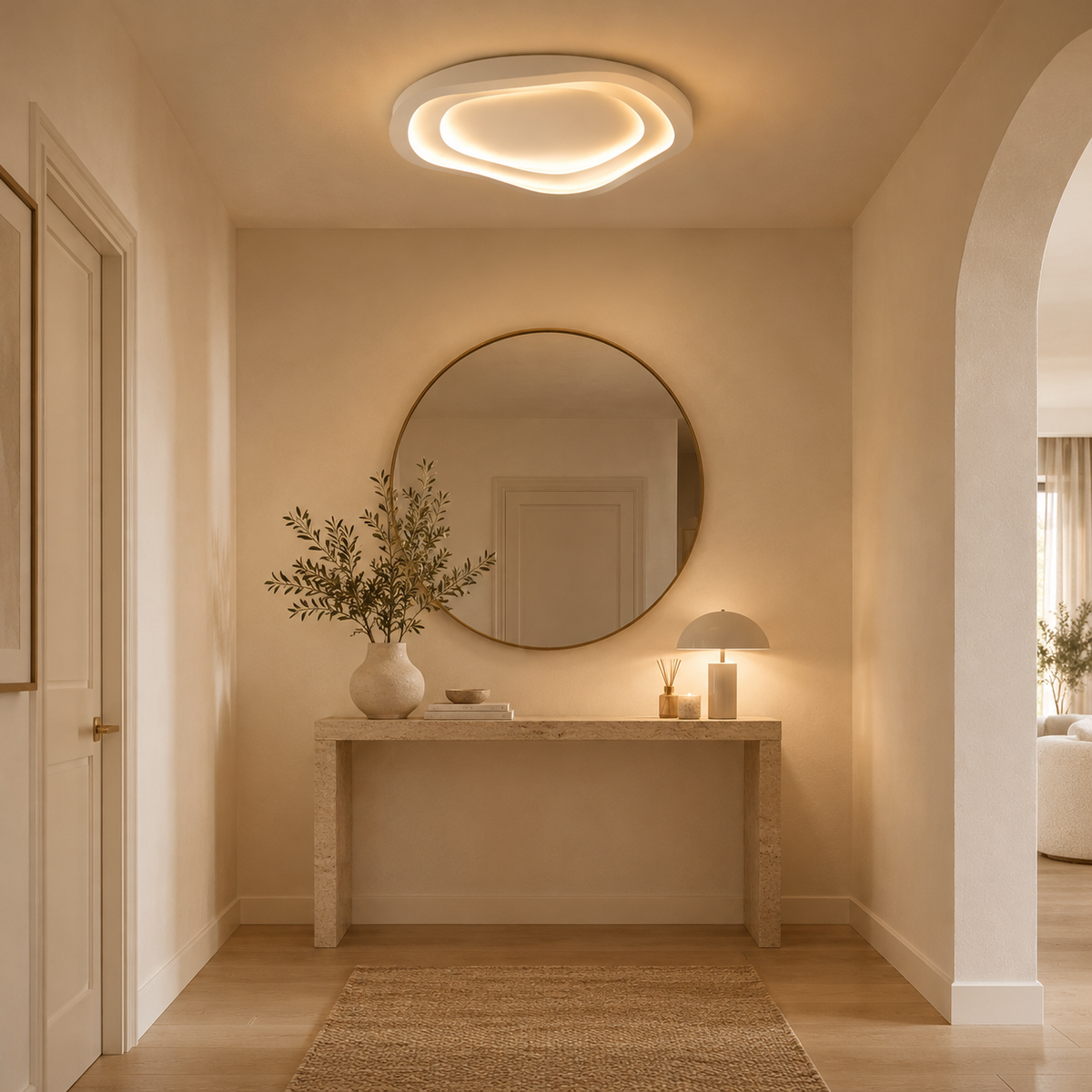 Récif Plafonnier LED Galet – dans une entrée avec miroir rond et console