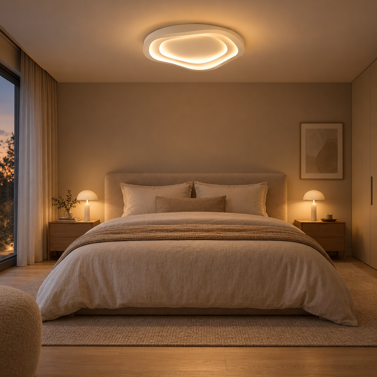 Récif Plafonnier LED Galet – dans une chambre en lumière du soir
