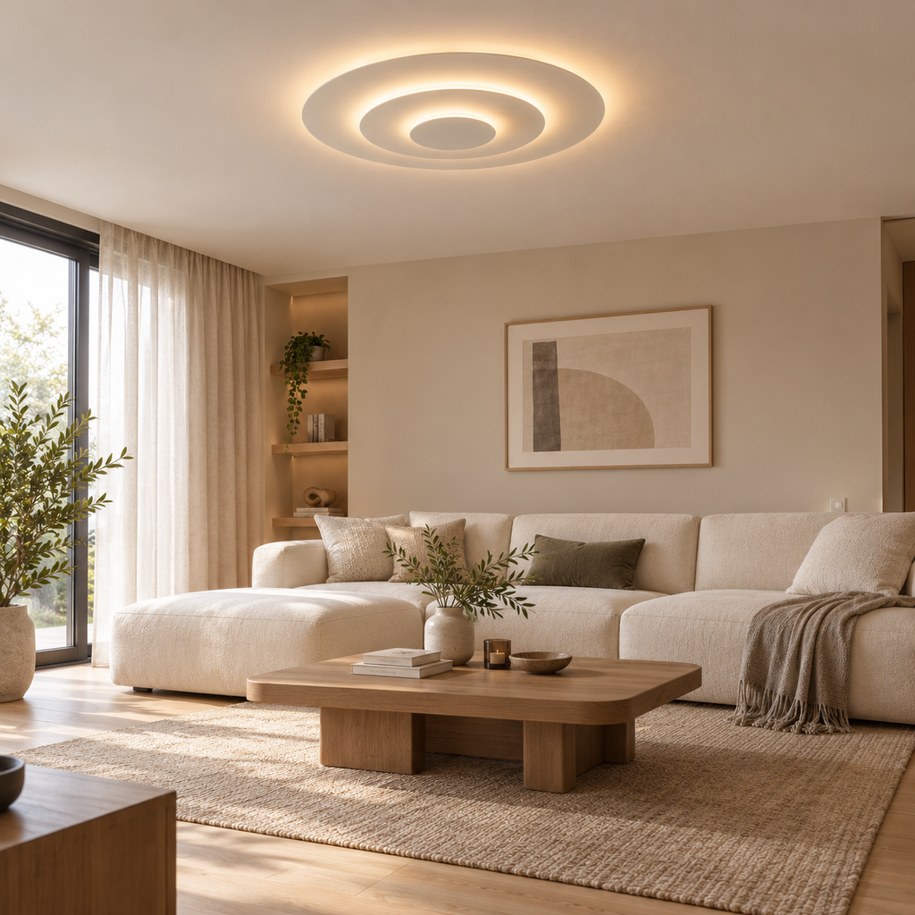 Atoll Plafonnier LED Rond Étagé – dans un salon clair avec canapé blanc