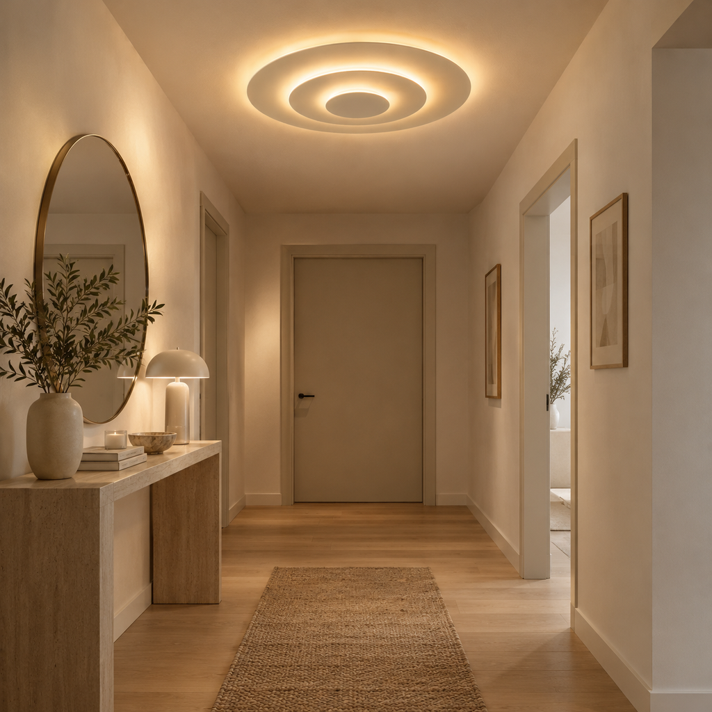 Atoll Plafonnier LED Rond Étagé – dans une entrée avec miroir rond et console