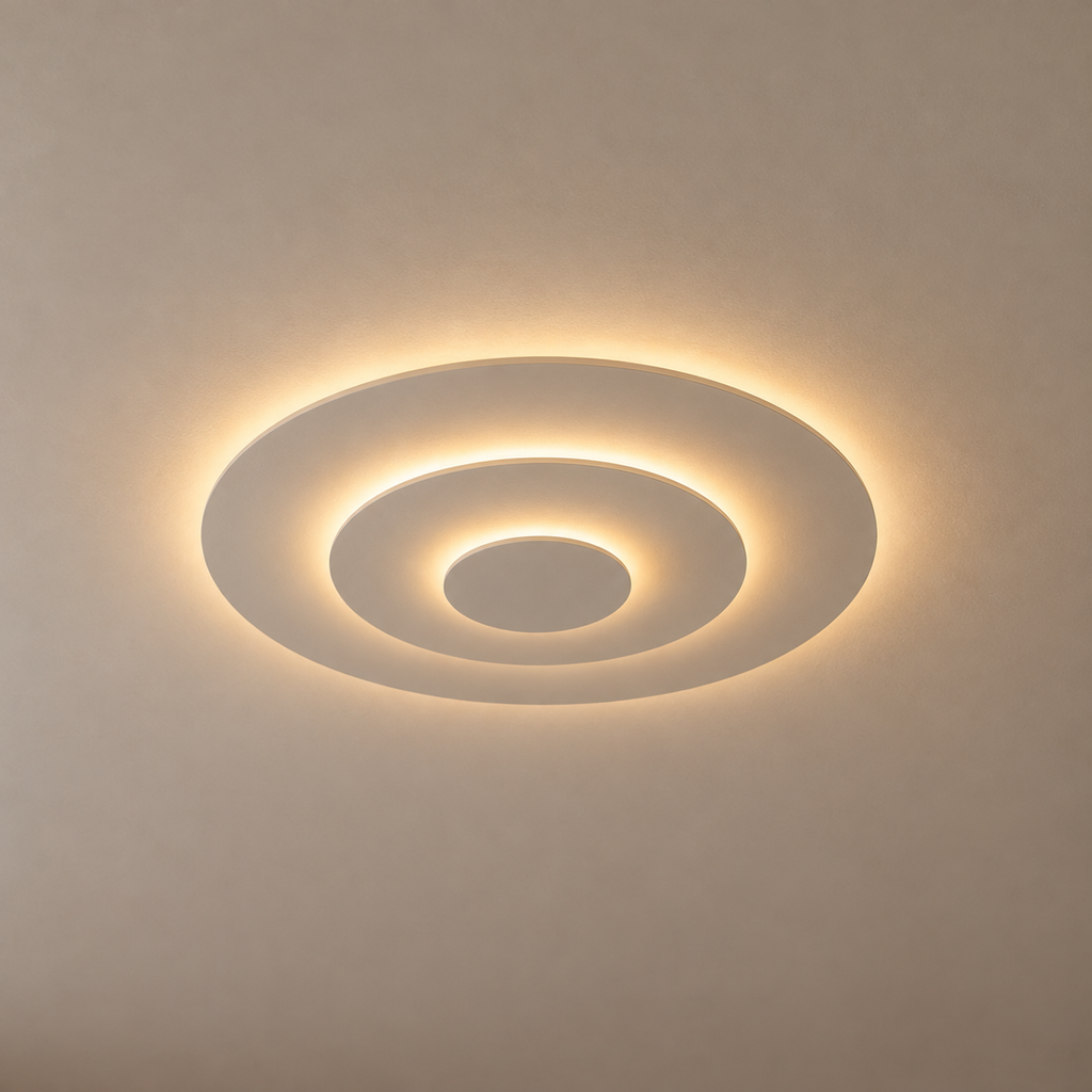 Atoll Plafonnier LED Rond Étagé – plafonnier blanc à trois cercles superposés allumé