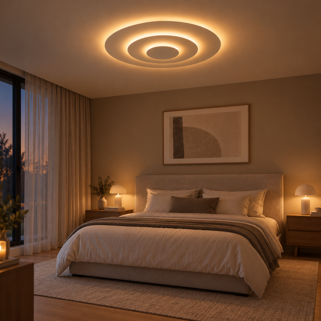 Atoll Plafonnier LED Rond Étagé – dans une chambre en lumière du soir