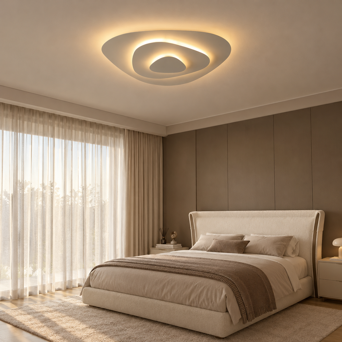 Dune Plafonnier LED Triangulaire – dans une chambre avec panneau mural en bois
