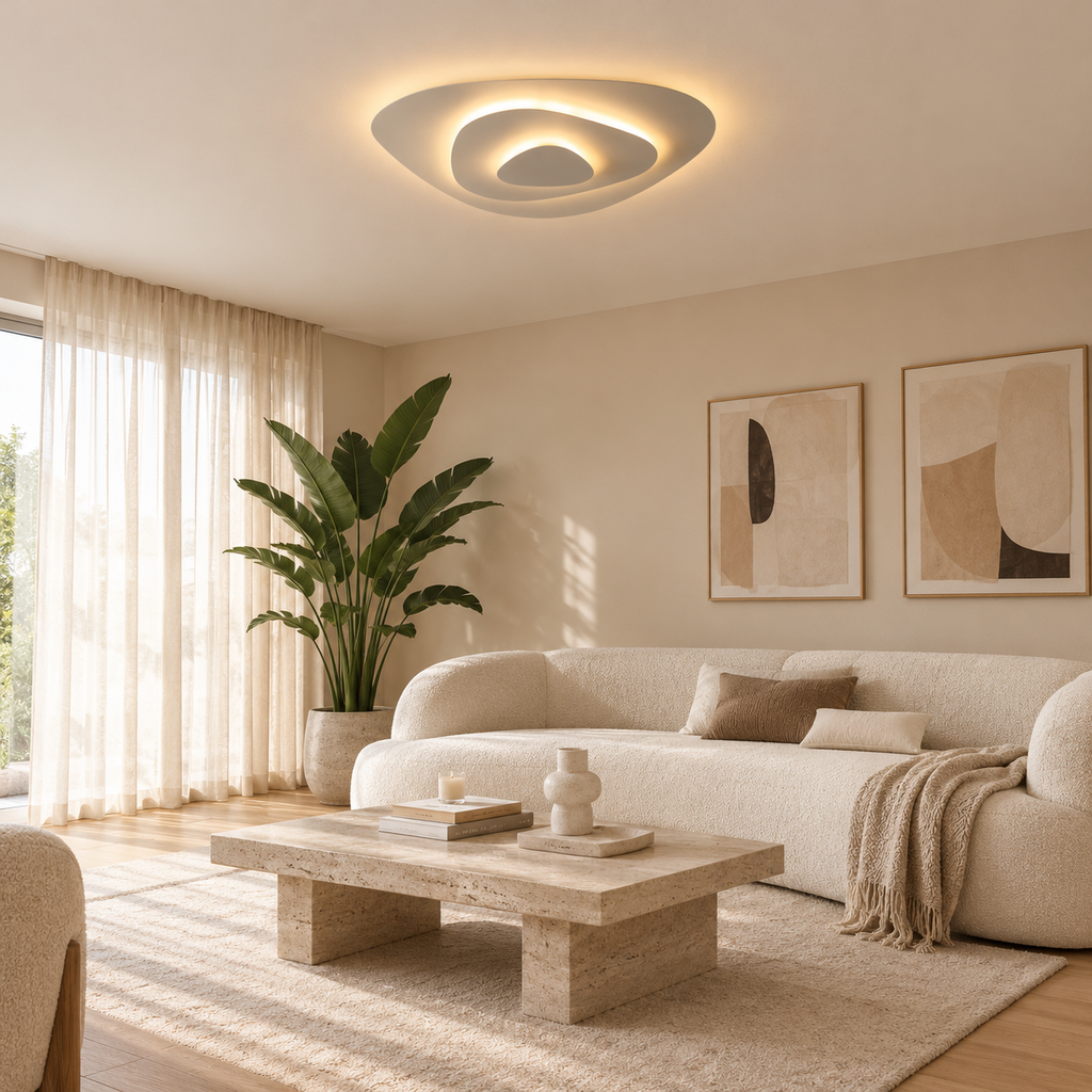 Dune Plafonnier LED Triangulaire – dans un salon clair avec plante et canapé blanc