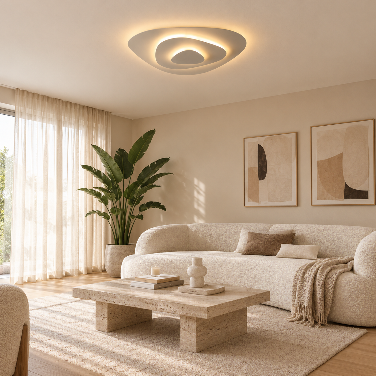 Dune Plafonnier LED Triangulaire – dans un salon clair avec plante et canapé blanc