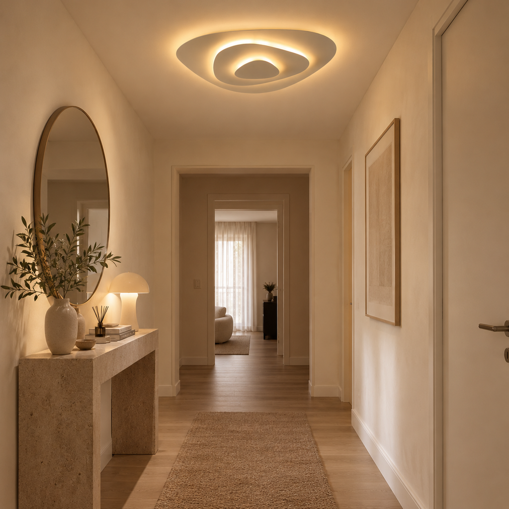 Dune Plafonnier LED Triangulaire – dans une entrée avec miroir ovale