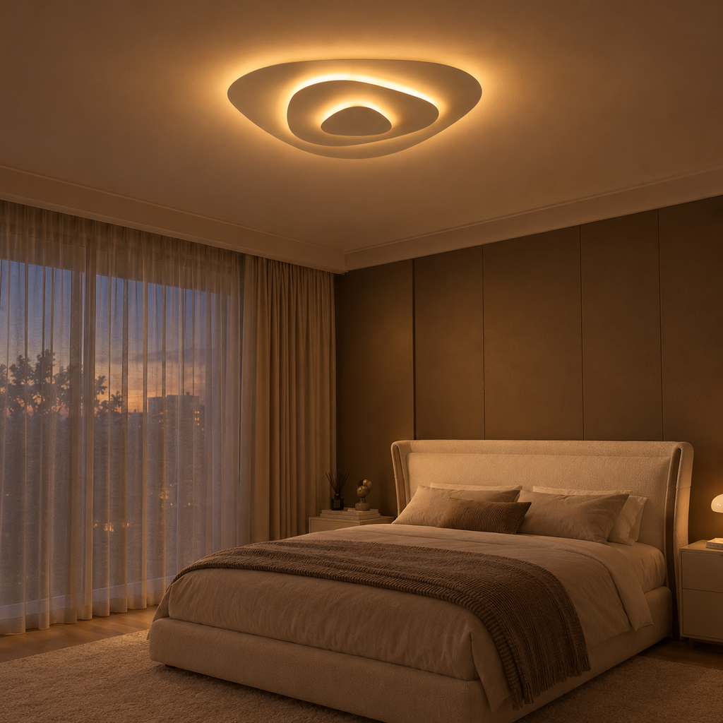 Dune Plafonnier LED Triangulaire – dans une chambre en lumière du soir