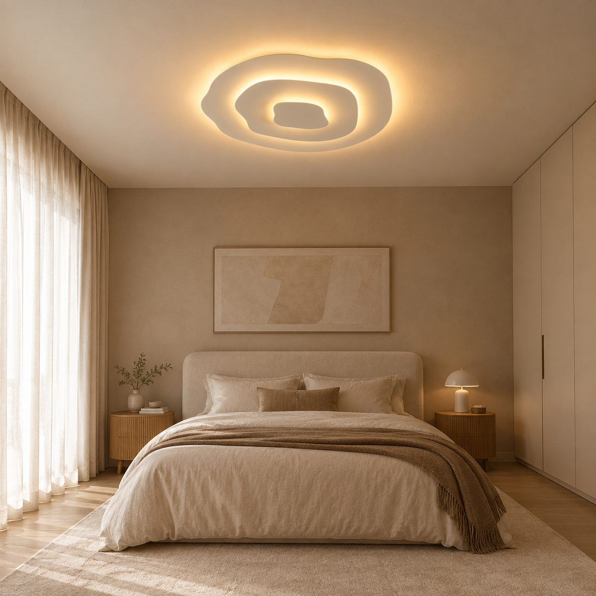 Lagune Plafonnier LED Ondulé – dans une chambre beige avec lit et cadre