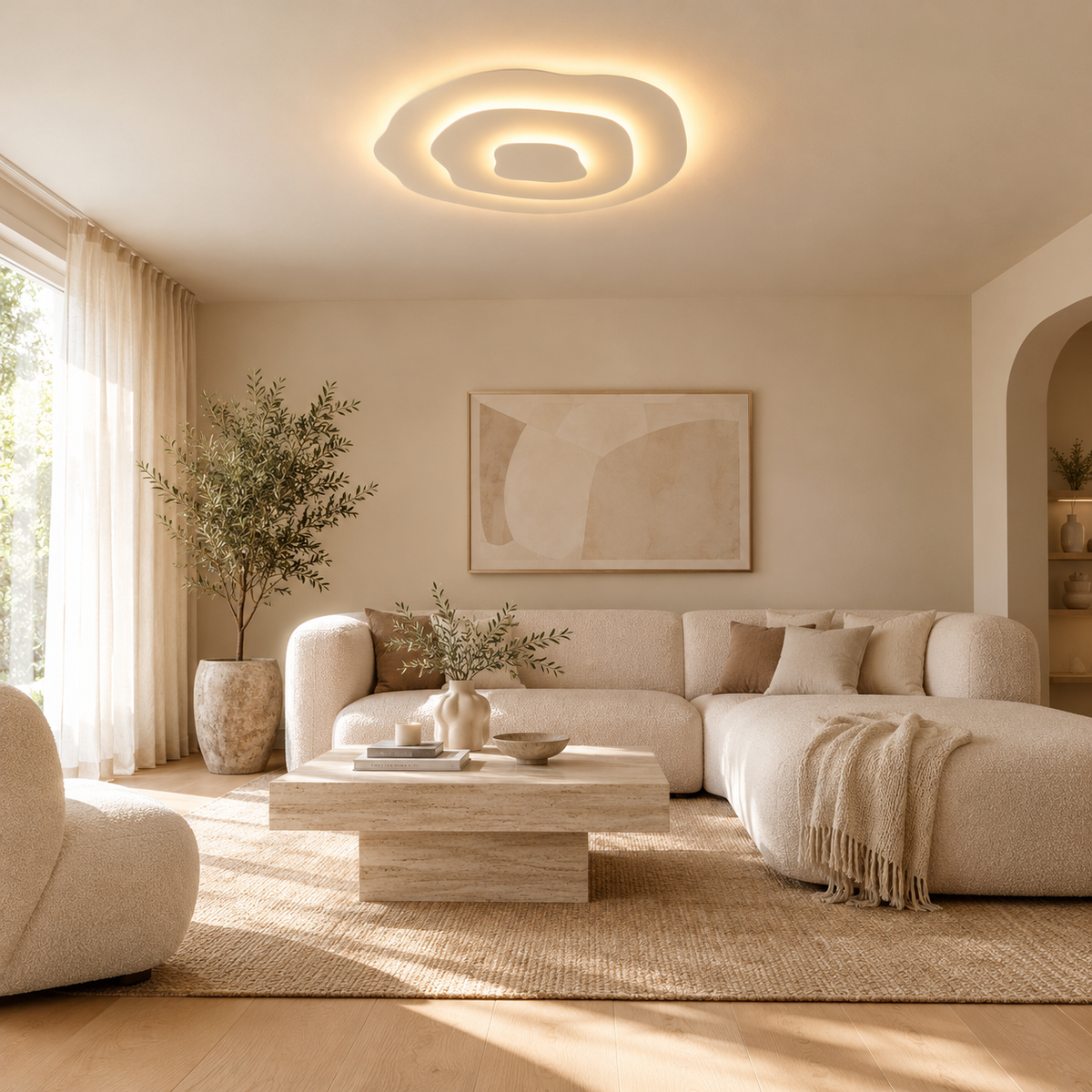 Lagune Plafonnier LED Ondulé – dans un salon clair avec canapé et plante