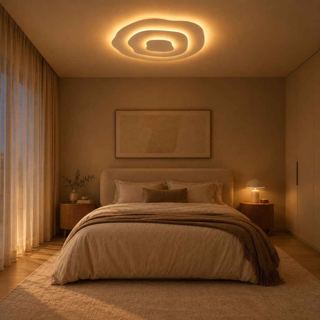 Lagune Plafonnier LED Ondulé – dans une chambre en lumière du soir