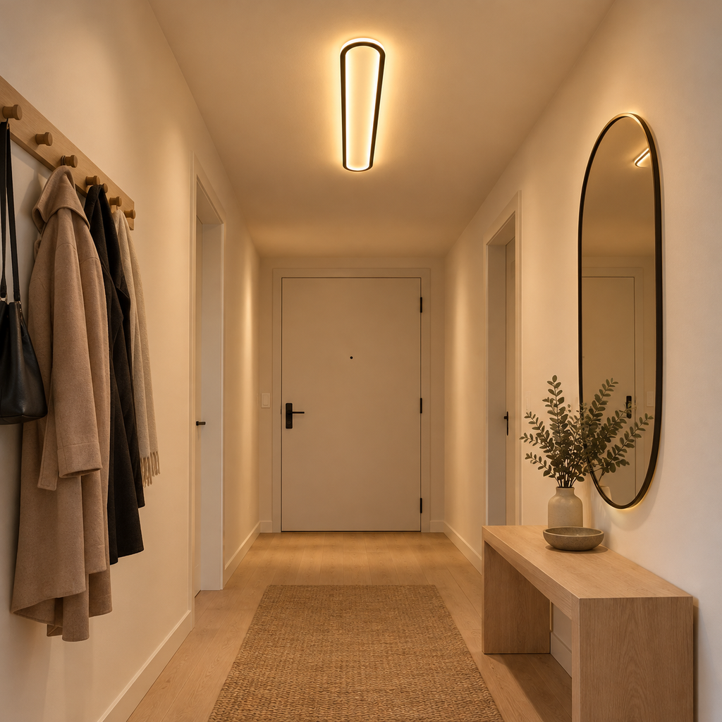 Piste Plafonnier LED Oblong – dans une entrée avec porte et miroir ovale