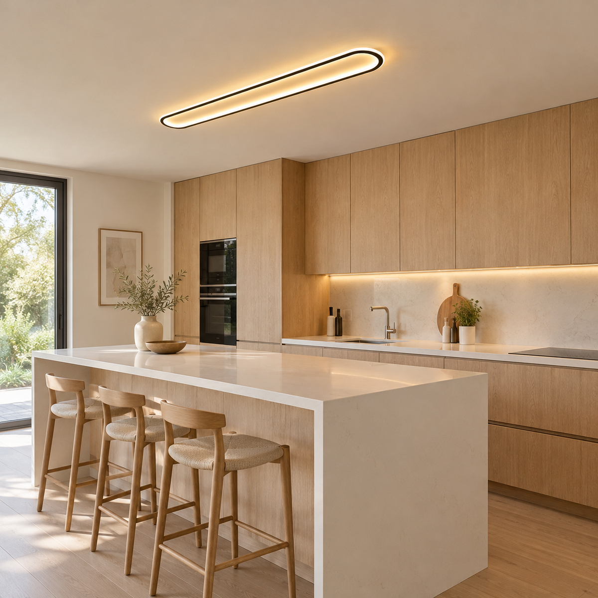 Piste Plafonnier LED Oblong – dans une cuisine en bois avec îlot blanc