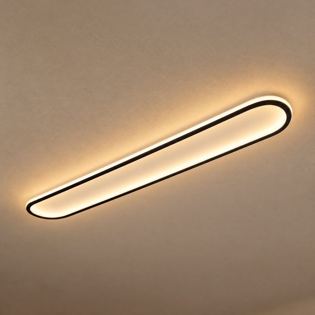 Piste Plafonnier LED Oblong – plafonnier LED oblong noir allumé, vue de dessous