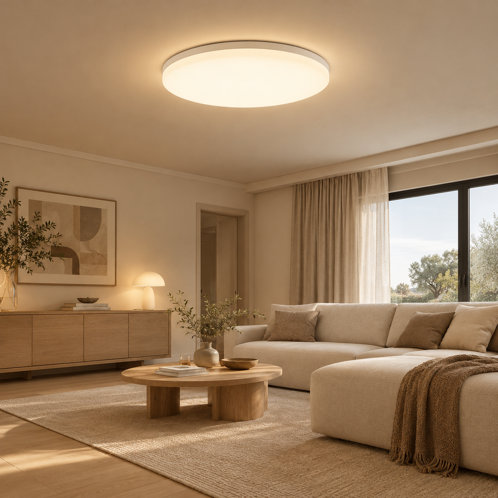 Opale Plafonnier LED Extra-Plat – dans un salon chaleureux avec canapé beige