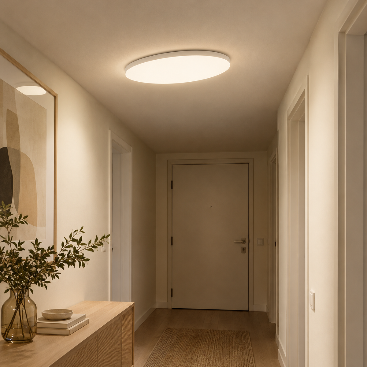 Opale Plafonnier LED Extra-Plat – dans un couloir aux tons chauds