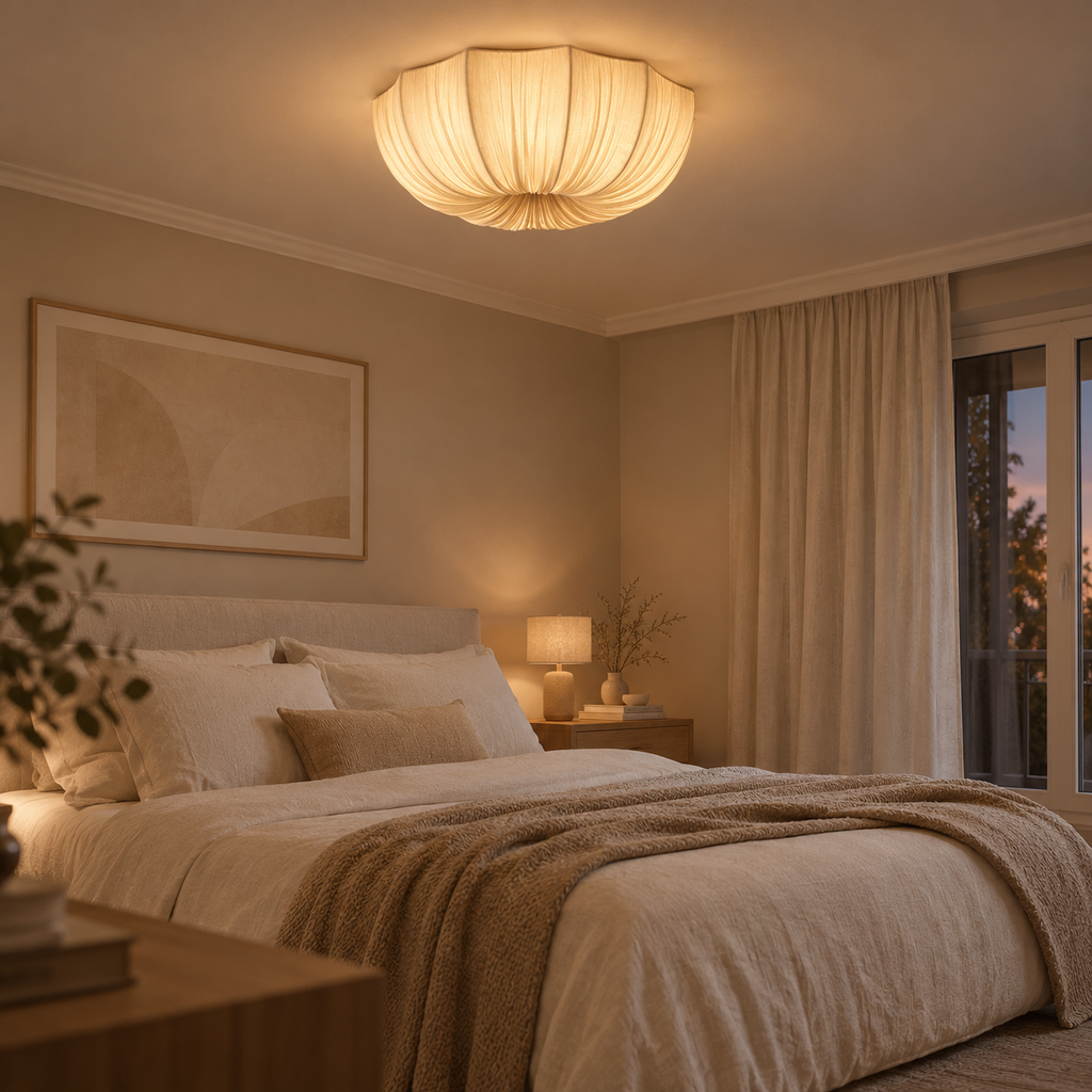 Nuée Plafonnier en Tissu Plissé – au plafond d'une chambre avec lit et rideaux