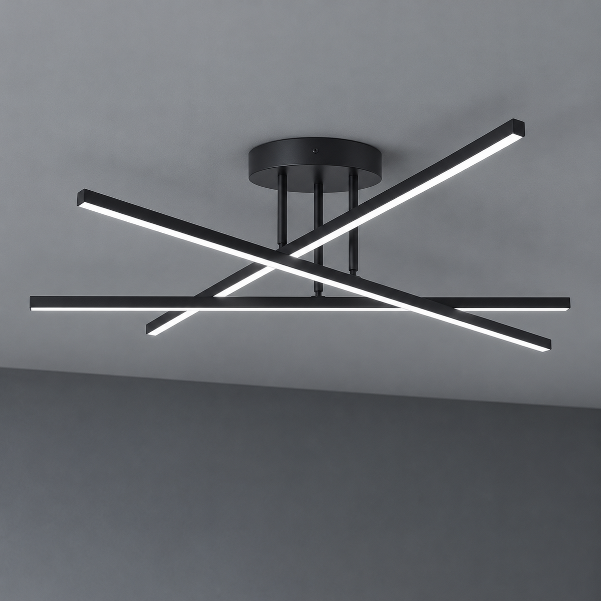 Croisée Plafonnier LED en Aluminium – barres LED noires croisées, vue de face