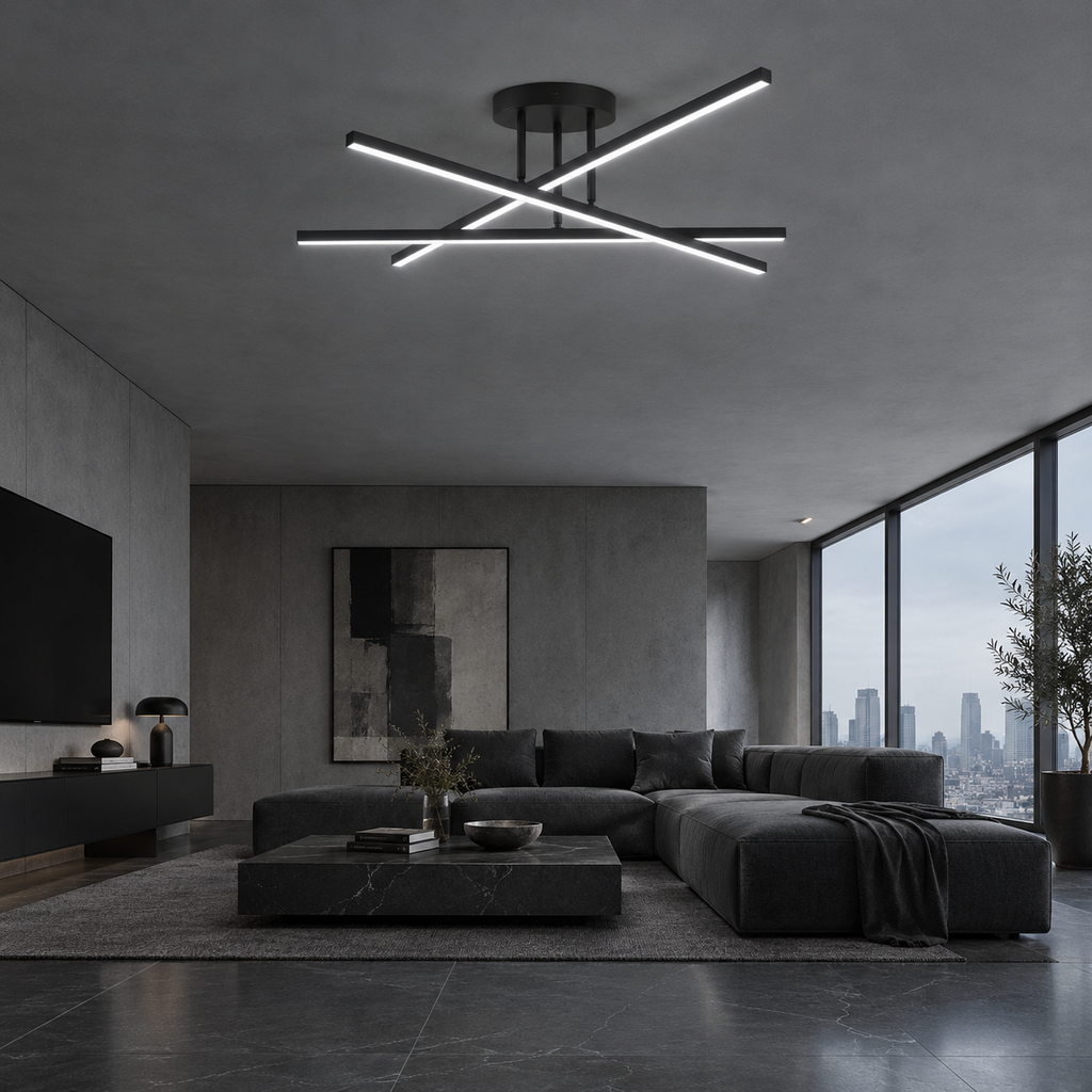 Croisée Plafonnier LED en Aluminium – dans un salon gris avec canapé