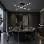 Croisée Plafonnier LED en Aluminium – au-dessus d'une table à manger dans une pièce sombre