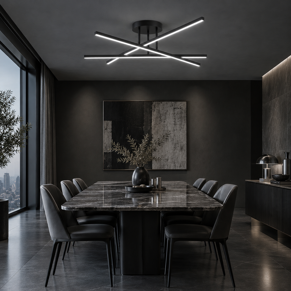 Croisée Plafonnier LED en Aluminium – au-dessus d'une table à manger dans une pièce sombre