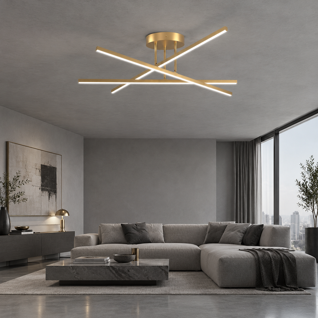 Croisée Plafonnier LED en Aluminium – modèle doré et noir dans un salon gris
