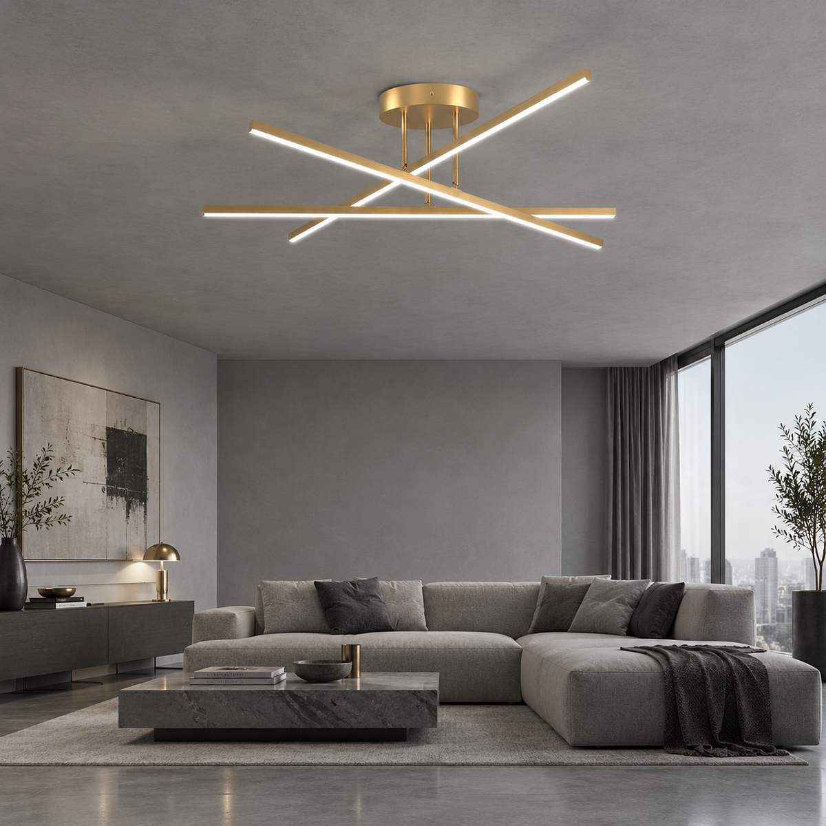 Croisée Plafonnier LED en Aluminium – modèle doré et noir dans un salon gris