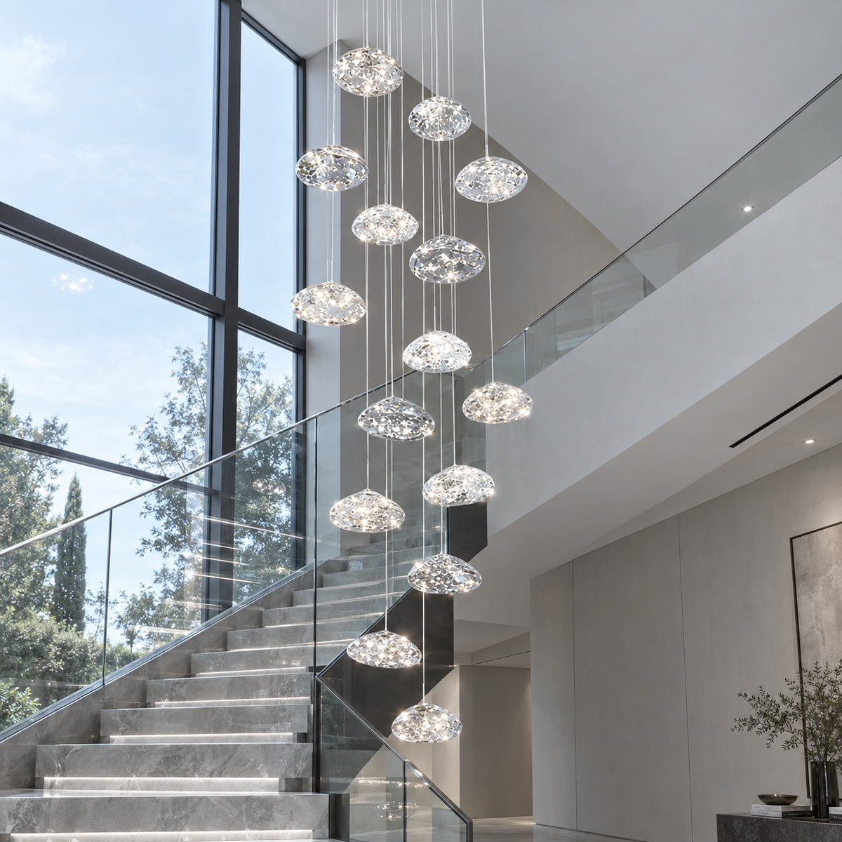 Aurore Suspension en Cristal pour Escalier – grappe de globes le long d'un escalier moderne