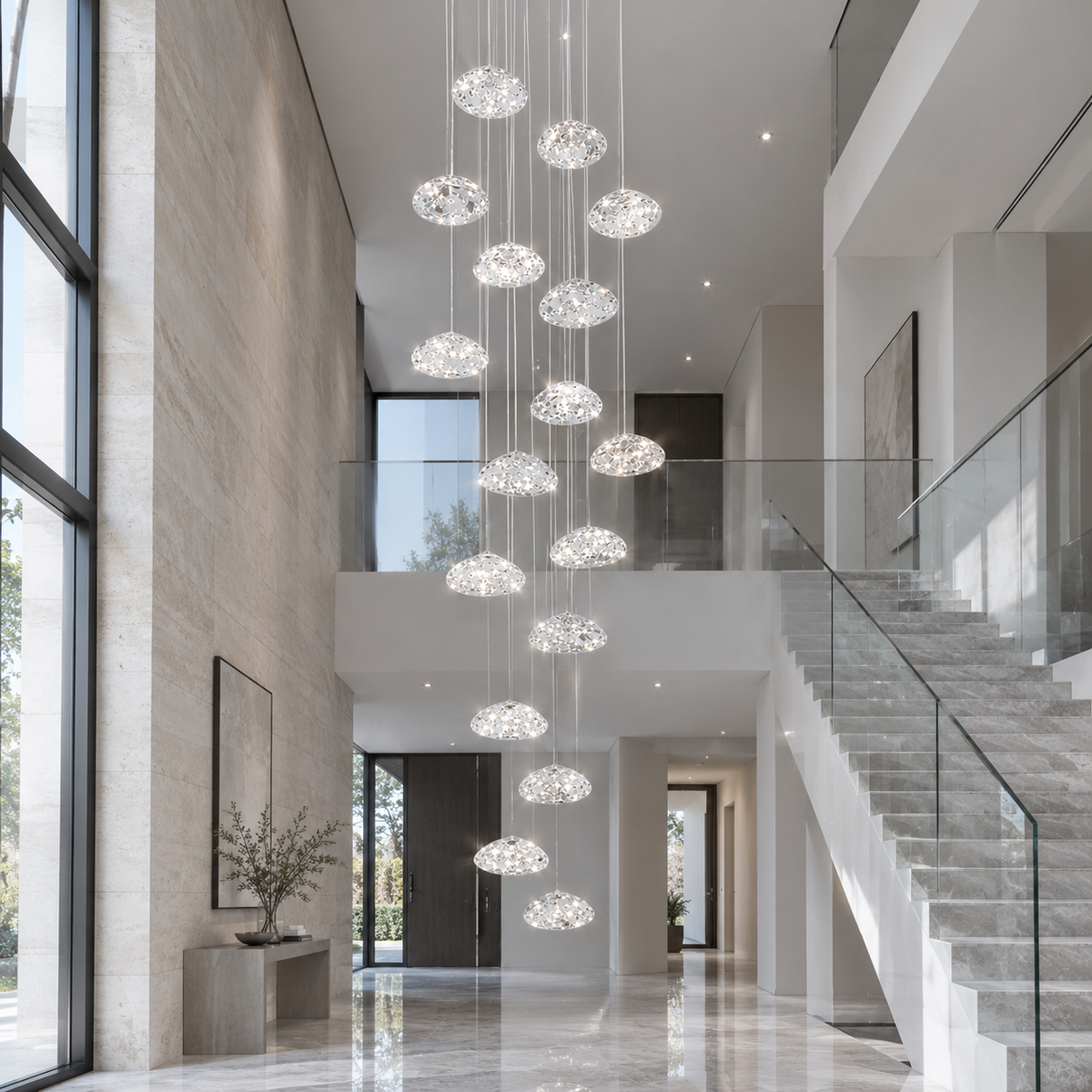 Aurore Suspension en Cristal pour Escalier – dans une double hauteur avec balustrade en verre