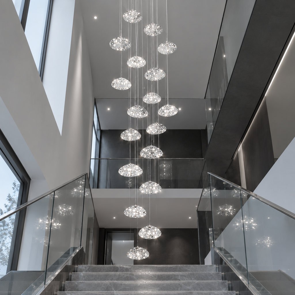 Aurore Suspension en Cristal pour Escalier – dans une cage d'escalier sombre à garde-corps en verre