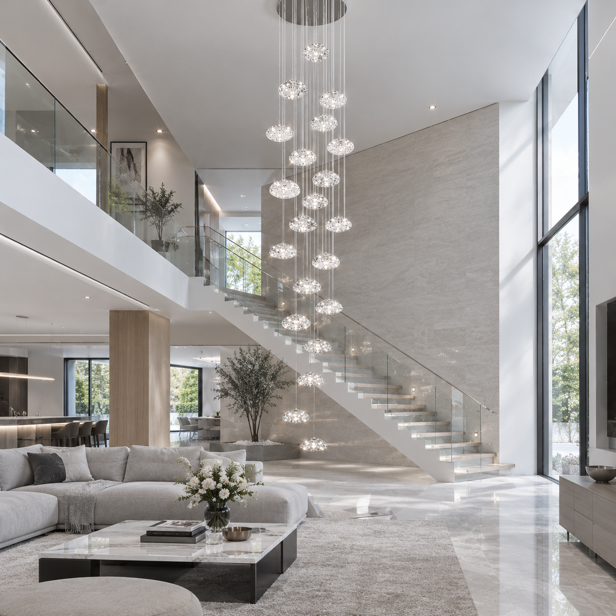 Aurore Suspension en Cristal pour Escalier – au-dessus d'un escalier et d'un salon lumineux