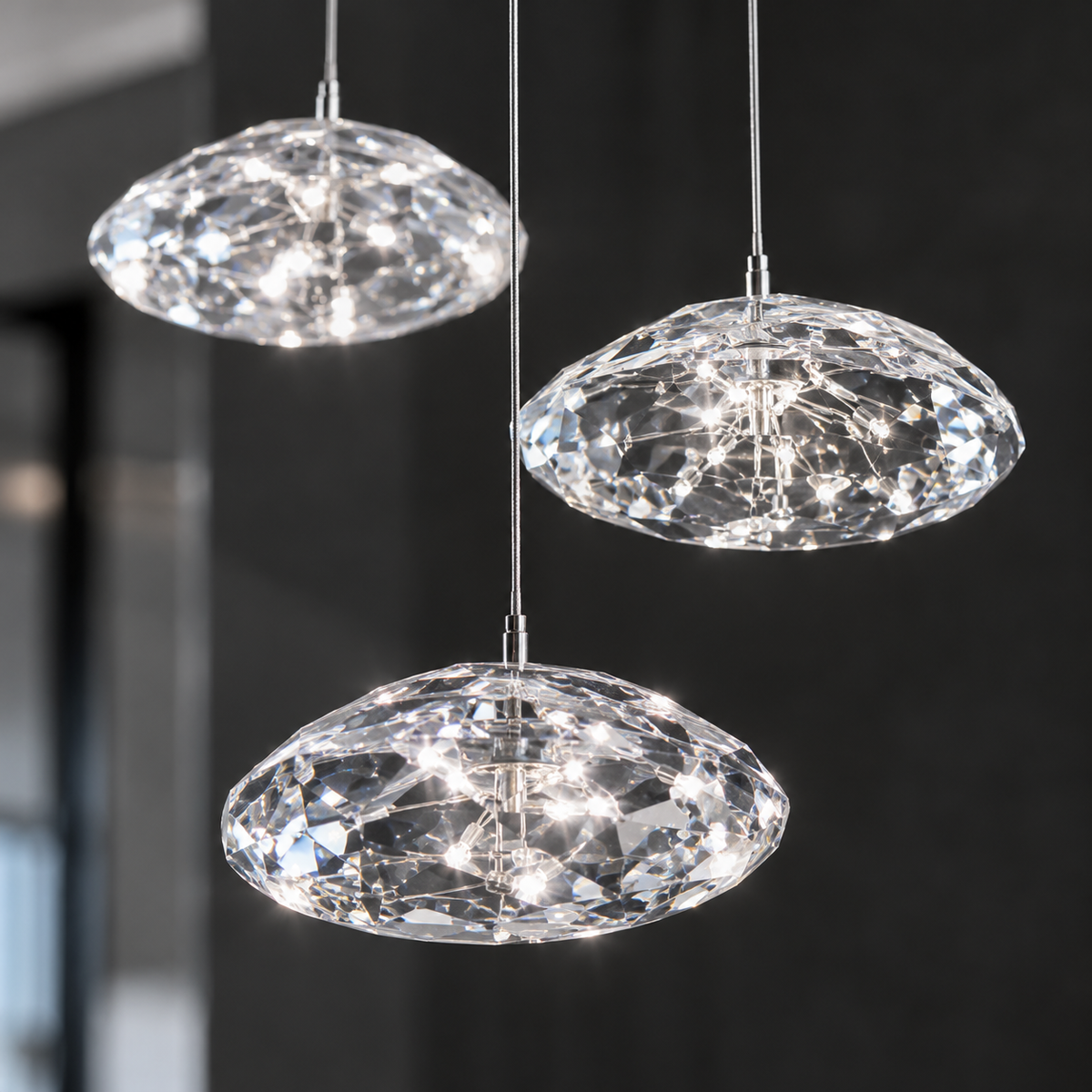 Aurore Suspension en Cristal pour Escalier – détail des globes en cristal facetté