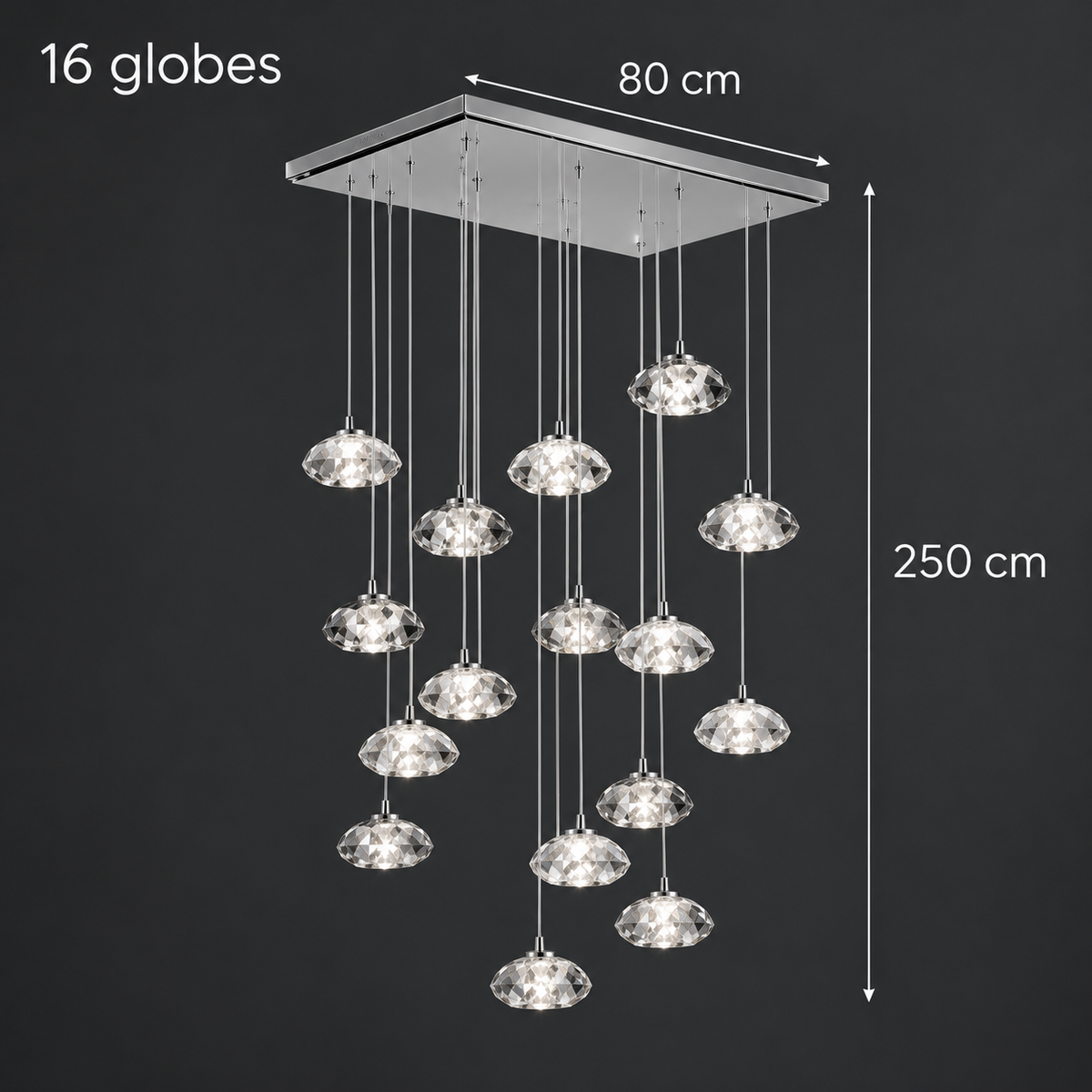 Aurore Suspension en Cristal pour Escalier – 16 têtes, platine rectangulaire