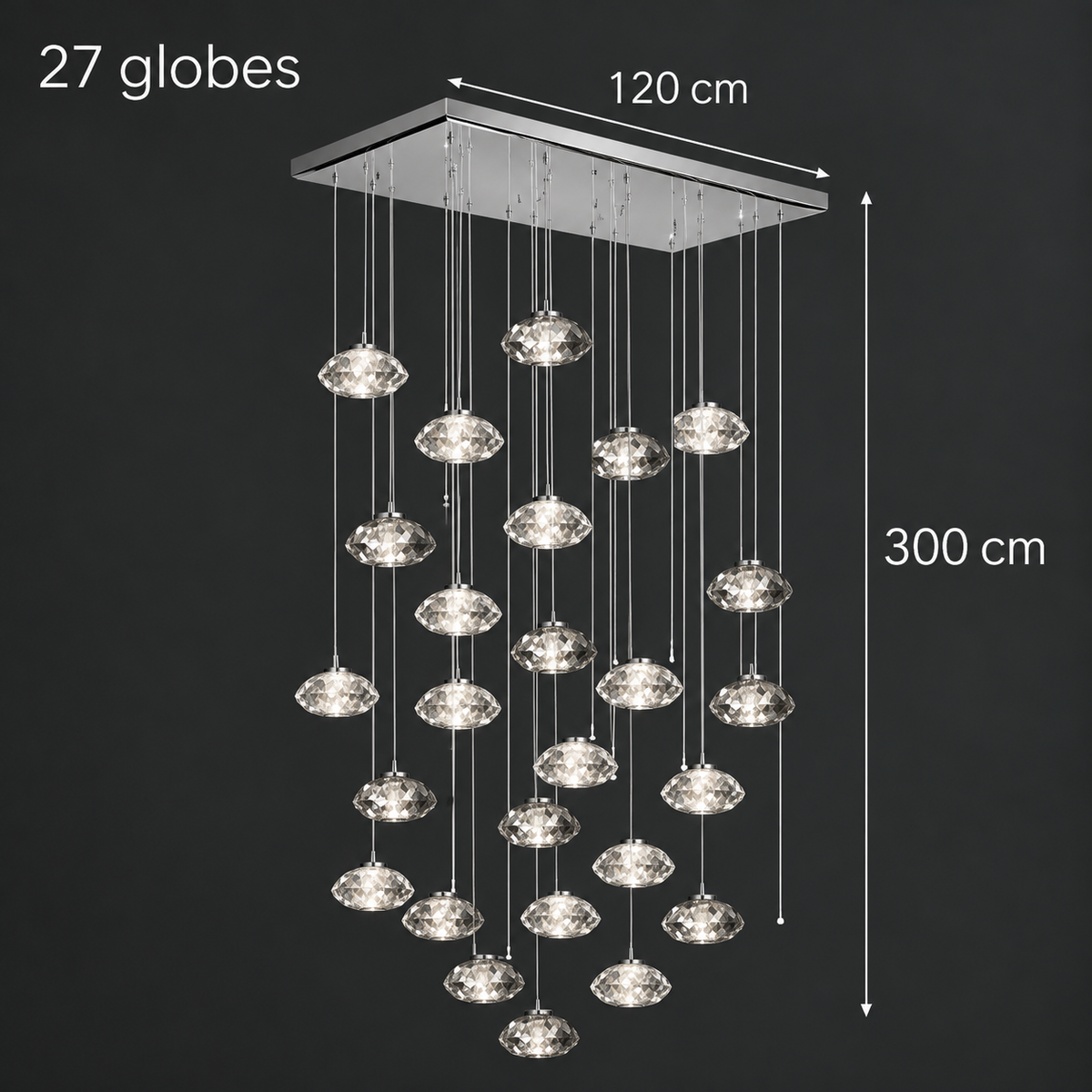 Aurore Suspension en Cristal pour Escalier – 27 têtes, platine rectangulaire