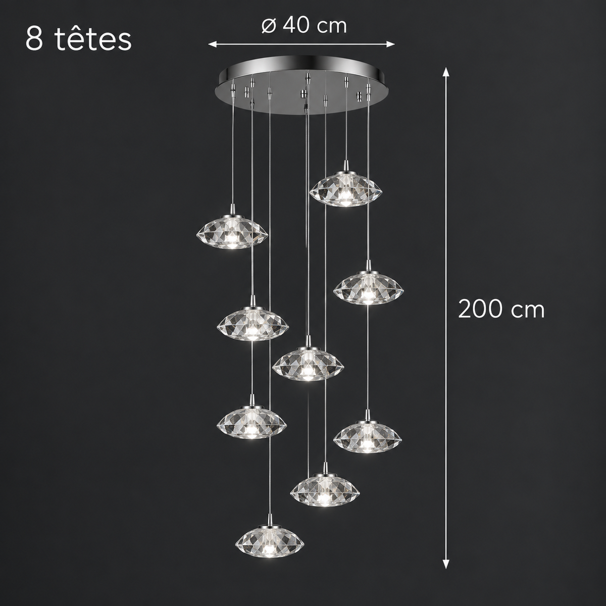 Aurore Suspension en Cristal pour Escalier – 8 têtes