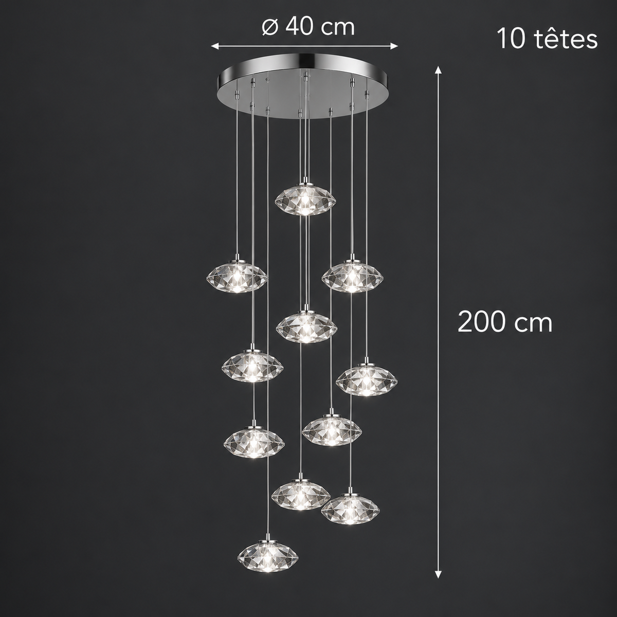 Aurore Suspension en Cristal pour Escalier – 10 têtes