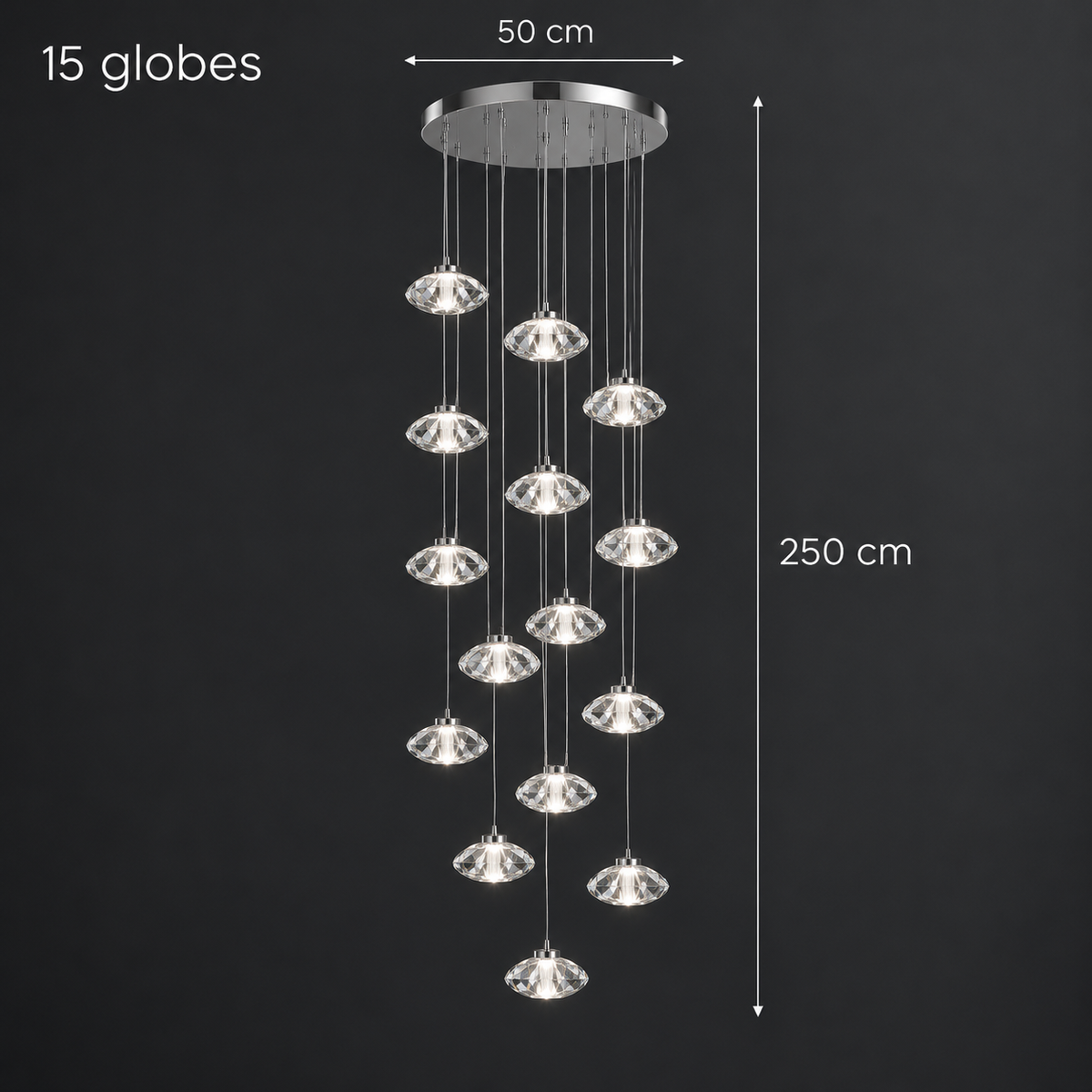 Aurore Suspension en Cristal pour Escalier – 15 têtes