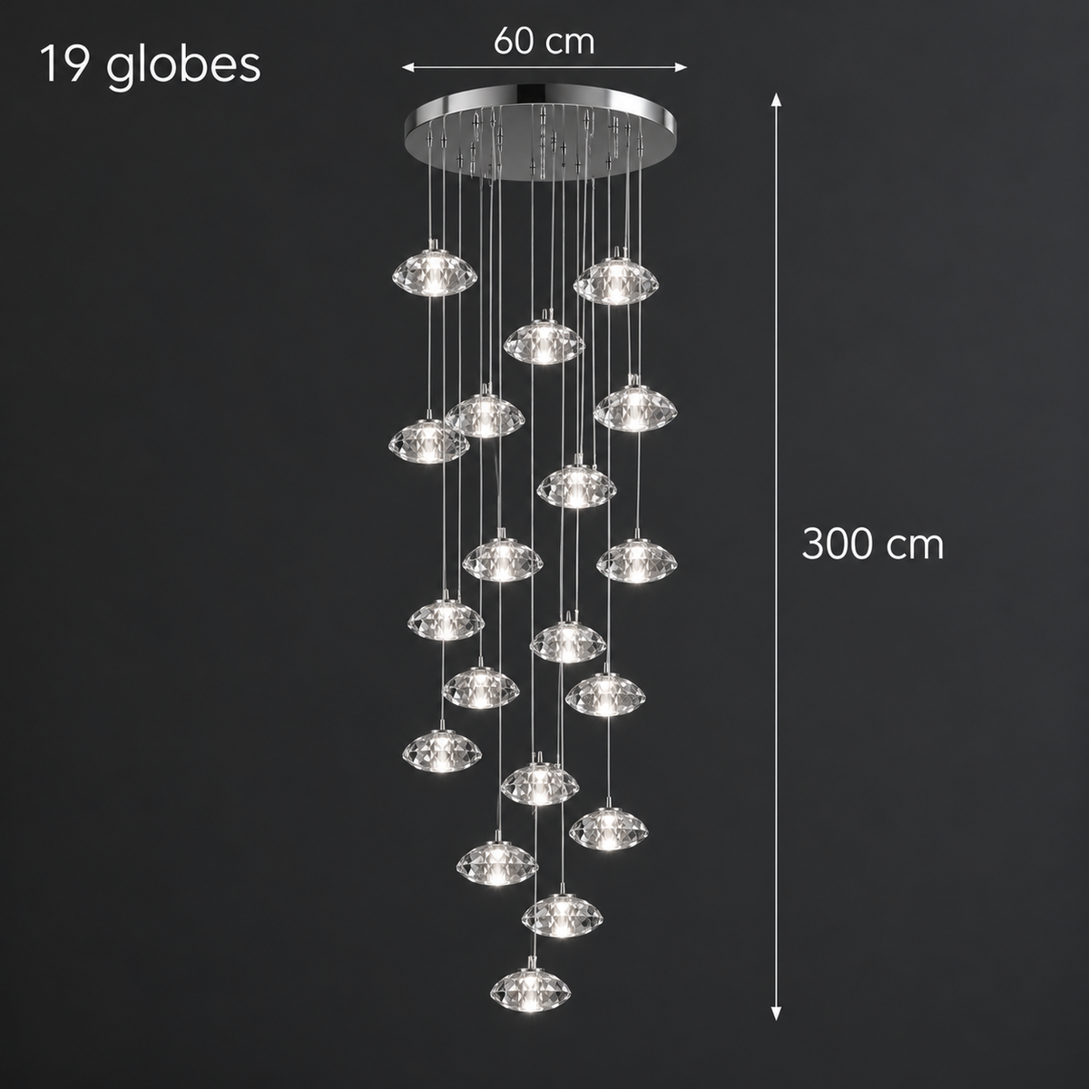Aurore Suspension en Cristal pour Escalier – 19 têtes