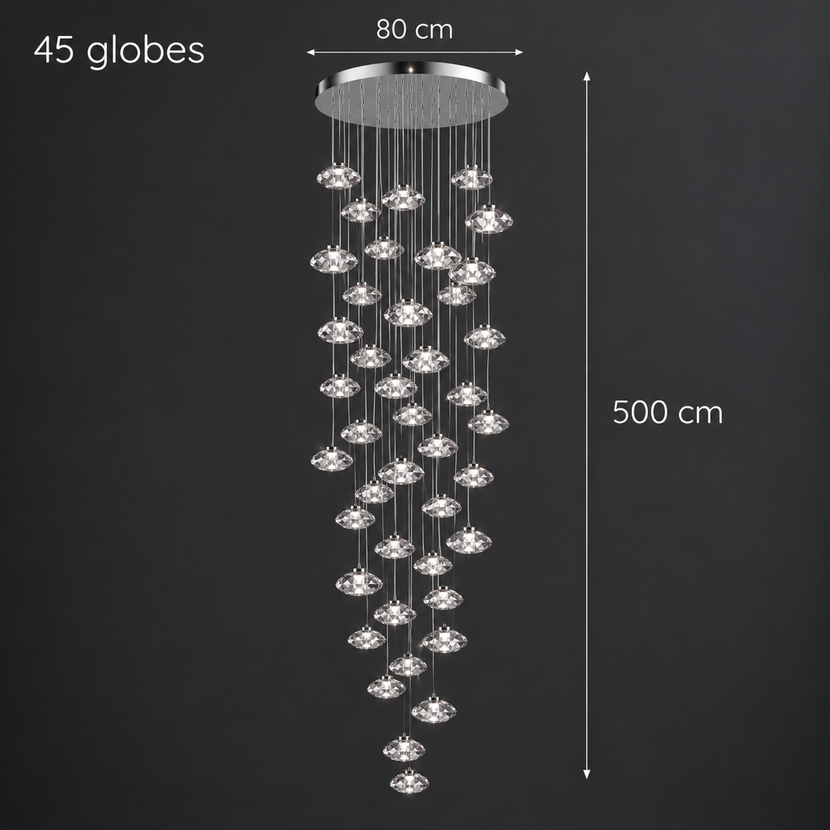 Aurore Suspension en Cristal pour Escalier – 45 têtes