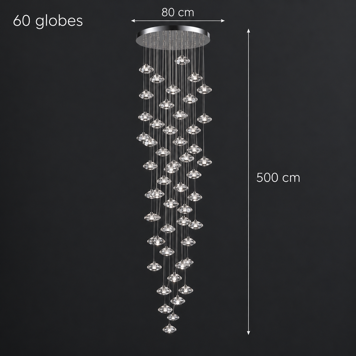 Aurore Suspension en Cristal pour Escalier – 60 têtes