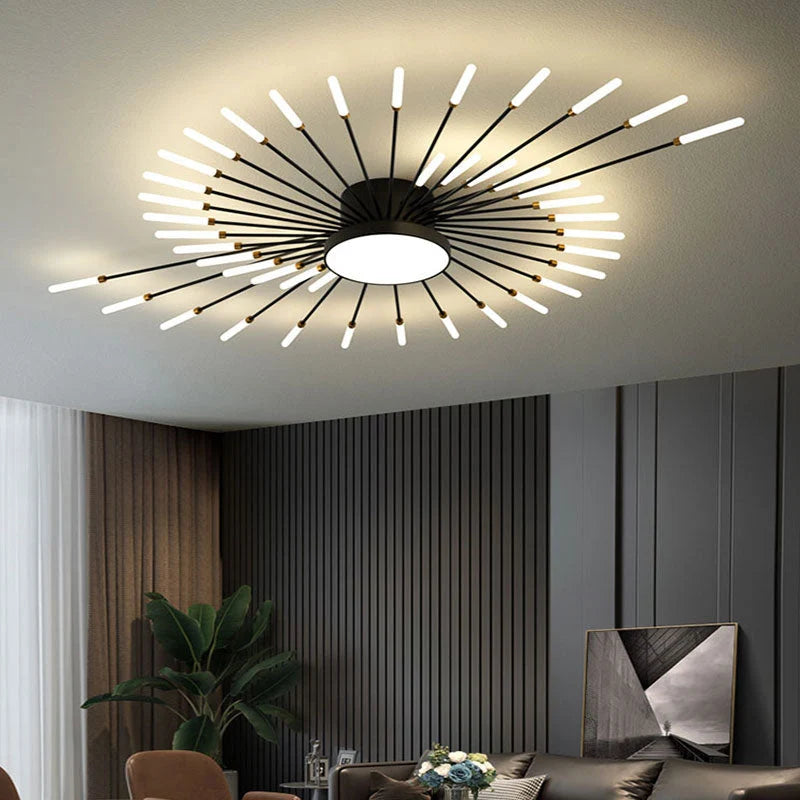 Éclat Plafonnier LED Étoilé – bras noirs rayonnants et disque blanc dans un salon aux murs sombres