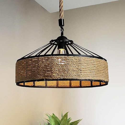 Tambra Suspension Tambour en Corde et Métal – abat-jour tambour en corde et cadre noir sur fond clair