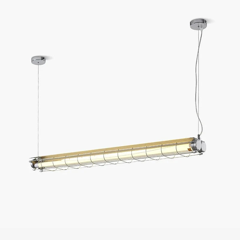 Tubia Suspension Tube en Verre Style Industriel – tube lumineux à cage métallique suspendu sur fond blanc