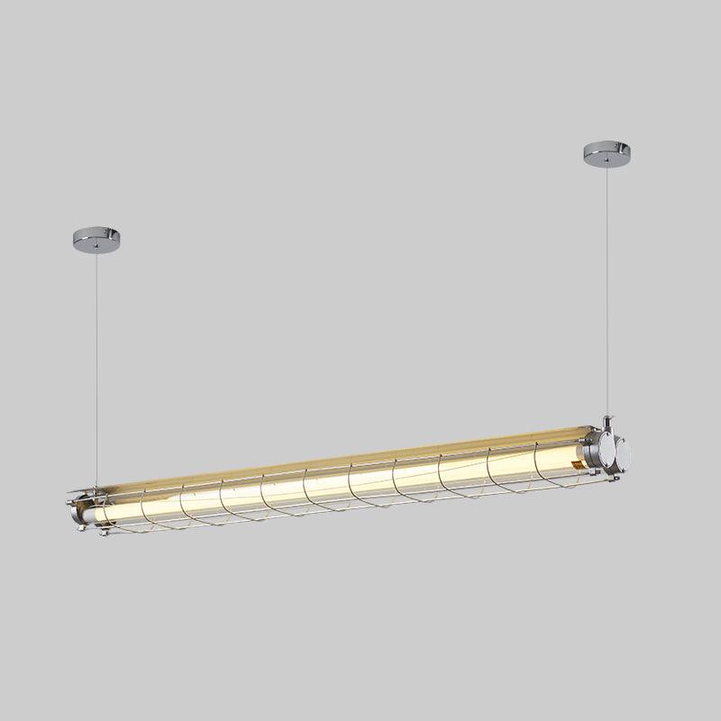 Tubia Suspension Tube en Verre Style Industriel – version dorée suspendue par fils sur fond gris