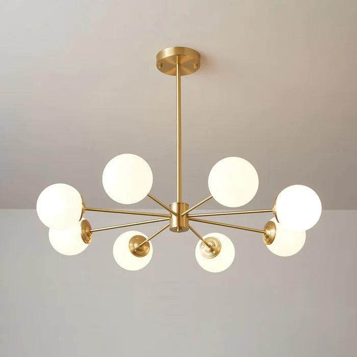 Sidera Lustre Sputnik en Laiton et Globes Opale – 8 lumières, Ø 80 cm, H 32 cm