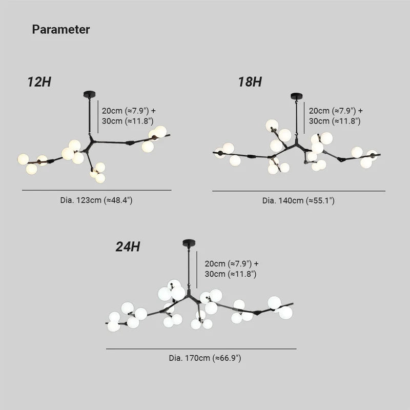 Ramure Lustre Branches à Globes Lumineux – schémas cotés des versions à 18 et 24 globes